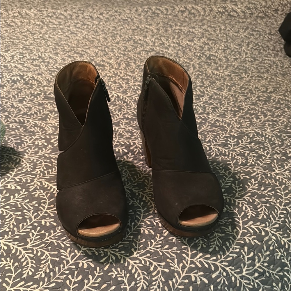 Dansko Black Heeled Boots with Peep-Toe Design